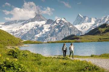 Zwei Personen wandern auf einem Pfad, mit dem Bachalpsee und den Bergen im Hintergrund an einem sonnigen Sommertag.